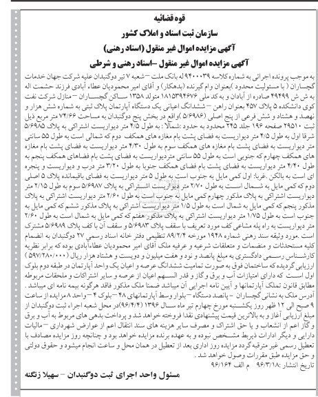 مزایده,مزایده ششدانگ اعیانی آپارتمان مساحت 74.66متر