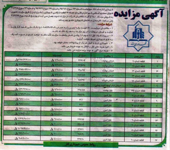 مزایده,مزایده فروش تعداد 17 قطعه از اراضی شهرداری 