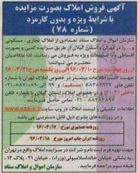 مزایده,مزایده فروش تعدادی از املاک تجاری مسکونی