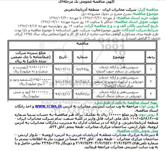 مناقصه, مناقصه سرویس دهی و ارائه خدمات خودرویی 