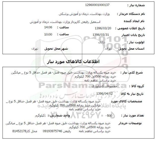 استعلام, استعلام خرید میوه یکساله وزارت بهداشت 