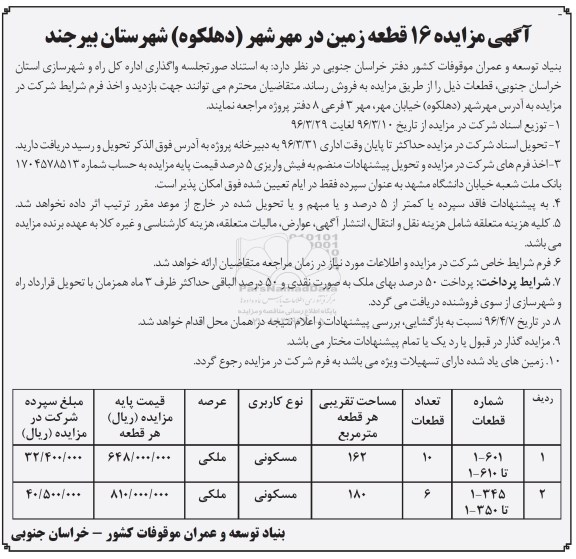 مزایده,مزایده 16 قطعه زمین
