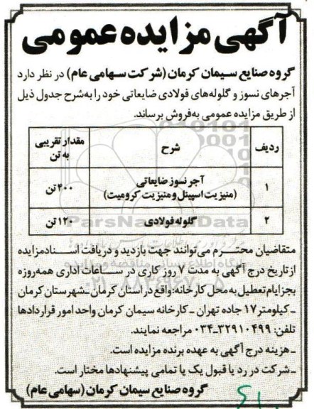آگهی مزایده عمومی,مزایده فروش آجرهای نسوز ضایعاتی  ...