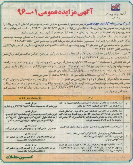 مزایده عمومی , مزایده عمومی فروش شش دانگ عرصه و اعیانی ، یک دستگاه گریدر ولو و ...