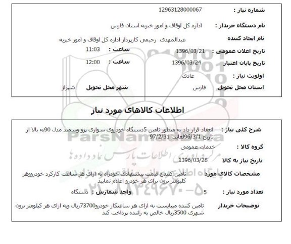 استعلام تامین 5 دستگاه خودروی سواری پژو و سمند