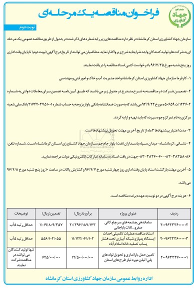 فراخوان مناقصه یک مرحله ای, فراخوان ساماندهی چشمه ها و ... 