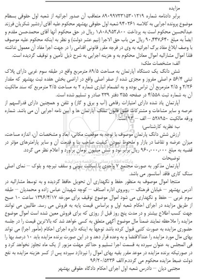 مزایده,مزایده ششدانگ اپارتمان به مساحت 89.5متر