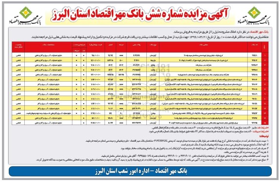 مزایده,مزایده فروش املاک بانک مهر شماره شش