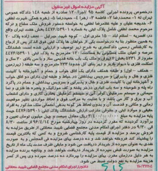 مزایده,مزایده ششدانگ ملک مسکونی مساحت صد و بیست متر