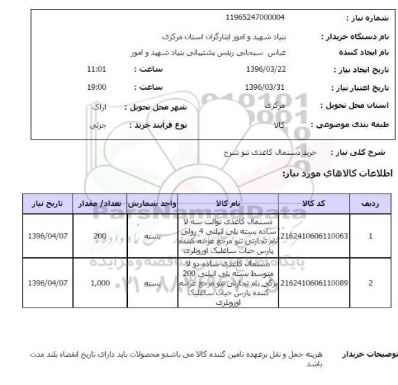 استعلام, استعلام  خرید دستمال کاغذی تنو