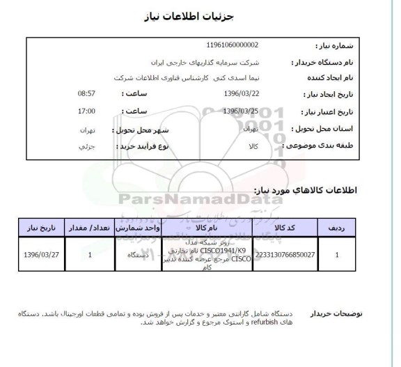 استعلام, استعلام روتر شبکه مدل CISCO 1941/K9 