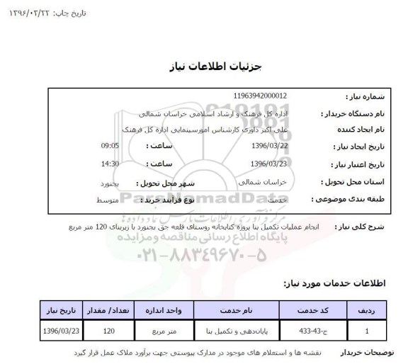 استعلام ,استعلام انجام عملیات تکمیل بنا پروژه کتابخانه...