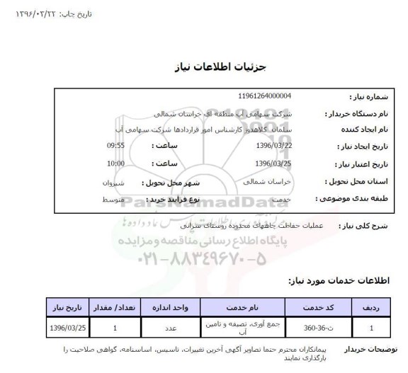 استعلام, استعلام عملیات حفاظت چاههای محدوده روستای سرانی
