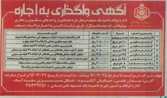 آگهی واگذاری به اجاره، مزایده تعدادی از واحدهای مسکونی و تجاری
