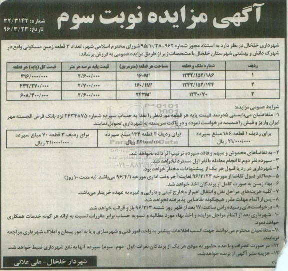 مزایده,مزایده تعداد سه قطعه زمین مسکونی نوبت سوم 96.3.23