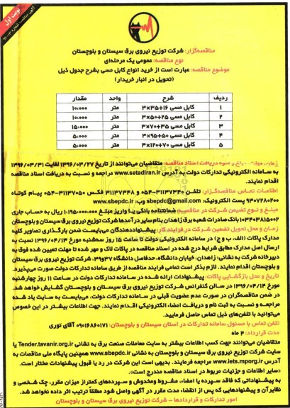 آگهی مناقصه, مناقصه  خرید انواع کابل مسی