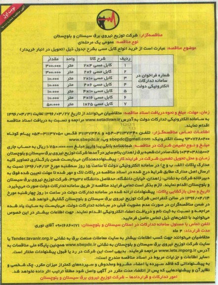 آگهی مناقصه, مناقصه  خرید انواع کابل مسی