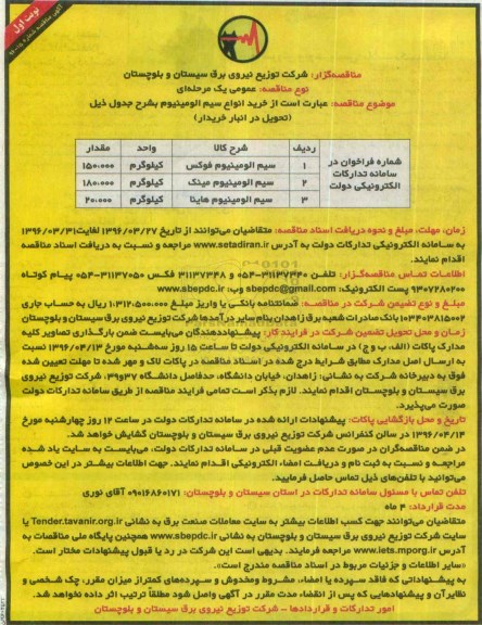 آگهی مناقصه, مناقصه خرید انواع سیم آلومینیوم 