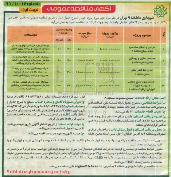 آگهی مناقصه عمومی , مناقصه طراحی و اصلاح هندسی معابر سطح منطقه 9