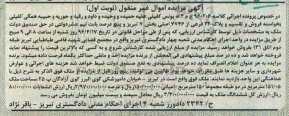 مزایده,مزایده ملک مساحت 151.05متر نوبت اول