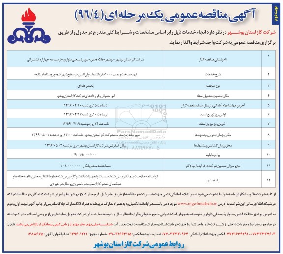 آگهی مناقصه عمومی یک مرحله ای, مناقصه تهیه، ساخت و نصب 1000 فقره انشعاب پلی اتیلن نوبت دوم