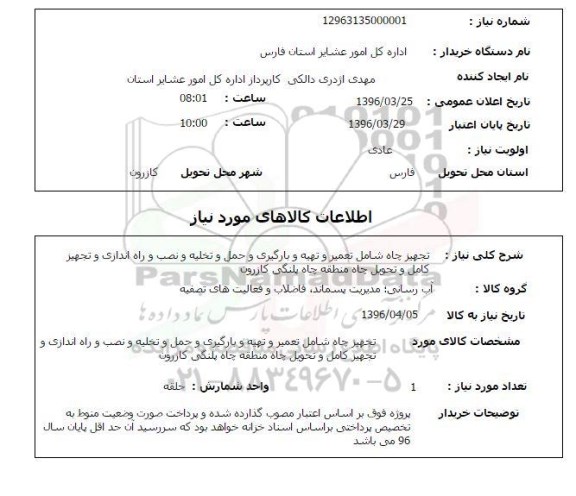 استعلام تجهیز چاه 
