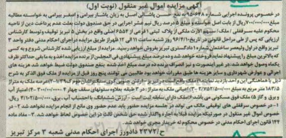 مزایده,مزایده سهم الارث ملکی از پلاک ثبتی یک فرعی نوبت اول