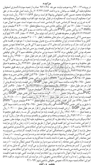 مزایده , مزایده فروش مقدار 170 متر کابل سکتور هادی مس....