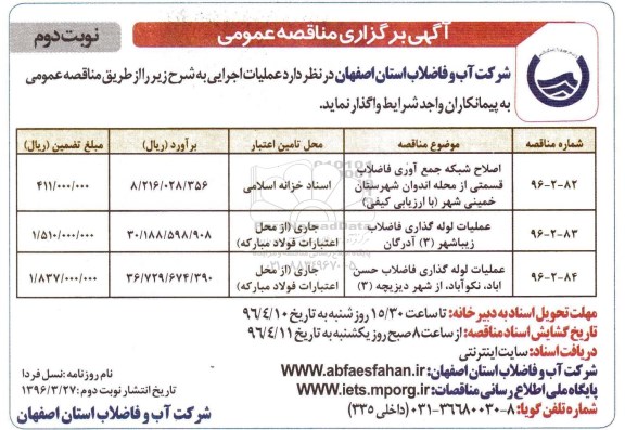 آگهی برگزاری مناقصه عمومی, مناقصه اصلاح شبکه جمع آوری فاضلاب و ...نوبت دوم 
