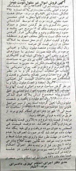 مزایده,مزایده ششدانگ یکباب مغازه به وسعت دوازده متر نوبت دوم