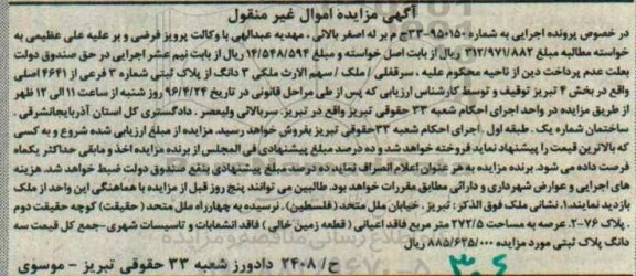 مزایده,مزایده ملک به مساحت 272/5 مترمربع کلاسه 950150-33