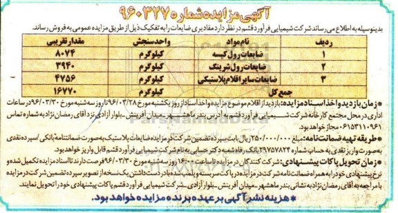 آگهی مزایده, مزایده ضایعات رول کیسه و ...