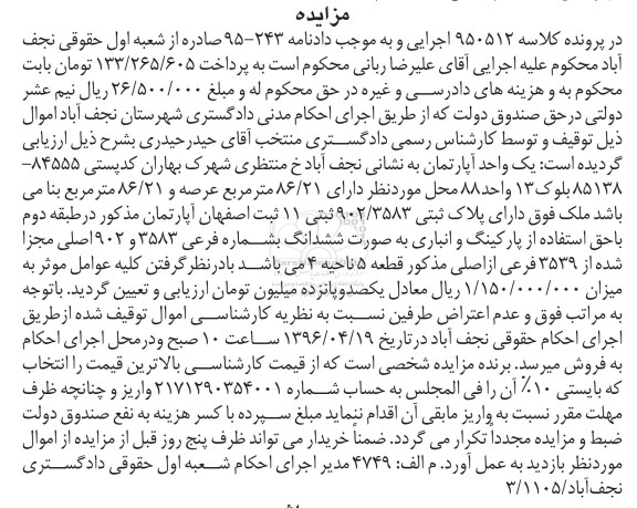 مزایده,مزایده یک واحد آپارتمان عرصه 86.21مترمربع