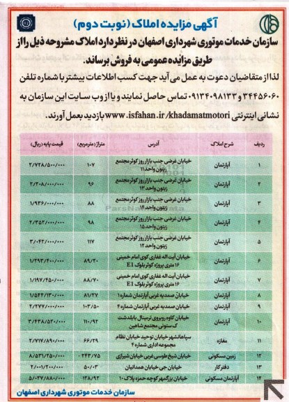 مزایده,مزایده فروش املاک شامل آپارتمان.مغازه.زمین و دفتر کار نوبت دوم