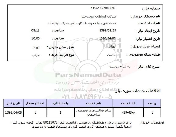 استعلام , استعلام سایر فعالیت های تخصصی ساختمان