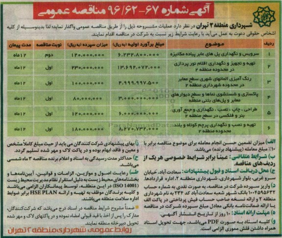 آگهی مناقصه عمومی, مناقصه سرویس و نگهداری پل های عابر پیاده مکانیزه