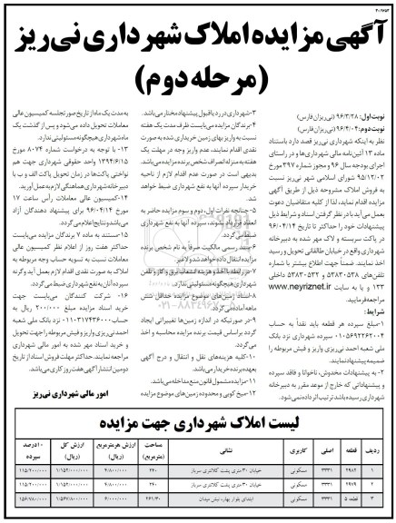 مزایده,مزایده فروش املاک مساحت 240-240-261.30متر