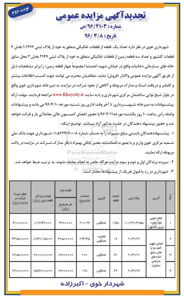 مزایده,مزایده 4 قطعه زمین کاربری تجاری مسکونی نوبت دوم 