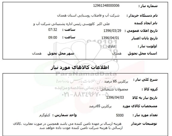استعلام, استعلام پرکلرین 65 درصد