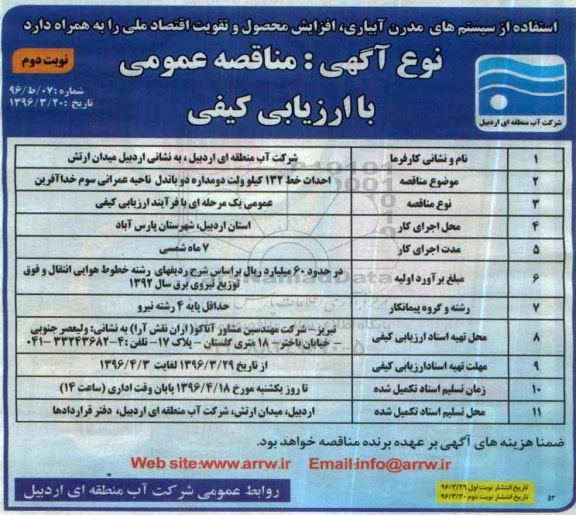 مناقصه عمومی با ارزیابی کیفی , مناقصه احداث خط 132 کیلوولت دو مداره دو باندل نوبت دوم