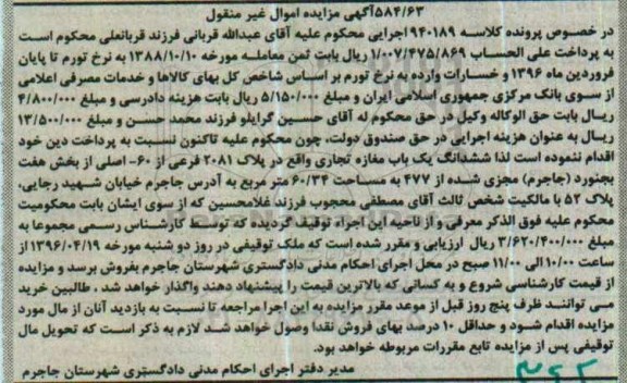 مزایده,مزایده ششدانگ مغازه تجاری مساحت 60.34متر