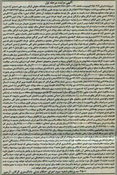 مزایده,مزایده دو قطعه پلاک ثبتی بخش یک ثبت گرگان نوبت اول