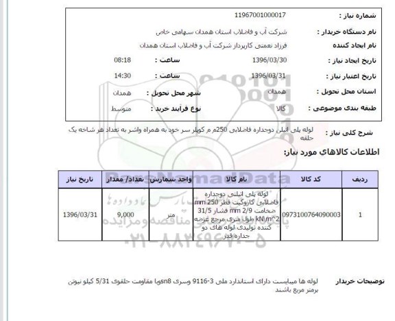 استعلام، استعلام لوله پلی اتیلن دوجداره فاضلابی 250 