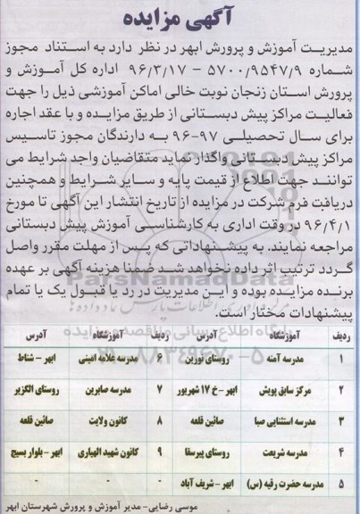 آگهی مزایده, مزایده واگذاری به اجاره اماکن آموزشی جهت فعالیت مراکز پیش دبستانی