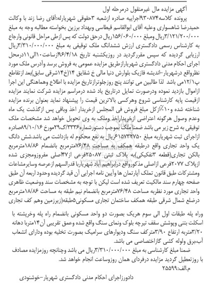 مزایده,مزایده ششدانگ یک واحد تجاری به مساحت 76.48متر