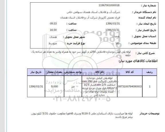 استعلام، استعلام لوله پلی اتیلن دوجداره فاضلابی 250 