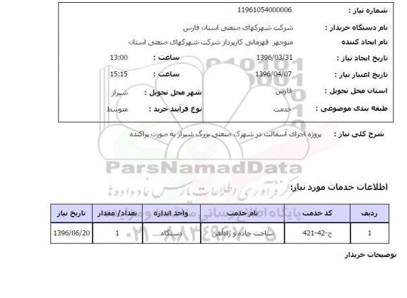 استعلام, استعلام اجرای آسفالت در شهرک صنعتی بزرگ شیراز