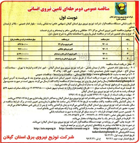 مناقصه عمومی دو مرحله ای، مناقصه تامین نیروی انسانی مراکز 121...