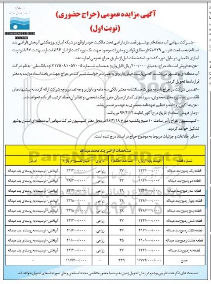 آگهی مزایده عمومی،مزایده اجاره اراضی بند محمد عبداله