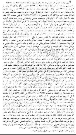 مزایده,مزایده ششدانگ پلاک به مساحت 197/50 مترمربع کلاسه 9500391